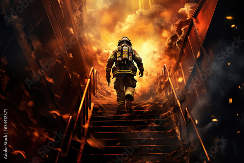 Brave Firefighter Runs Up The Stairs. Raging Fire is Seen Everywhere.