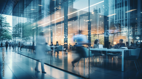 Blurred business people walk fast movement with meeting room in modern office building