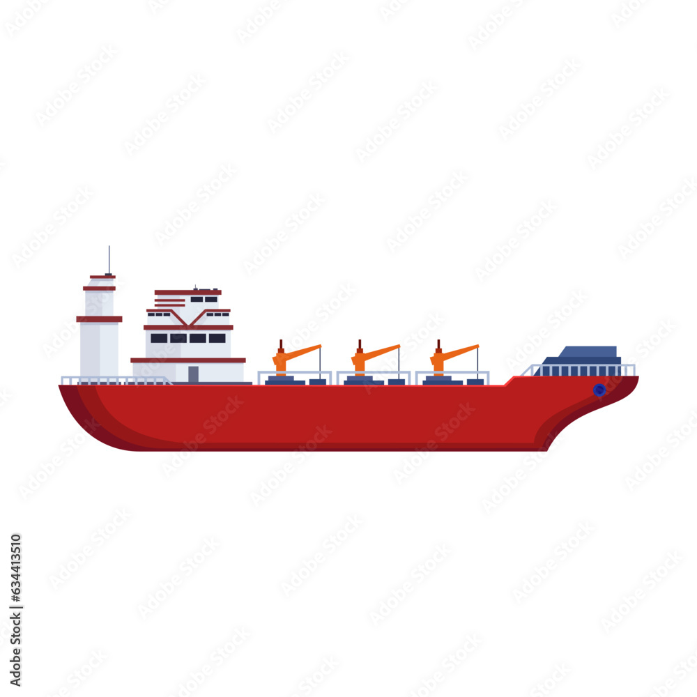 Obraz premium Dry cargo boat on white background. Side view of cargo vessel or bulk carrier cartoon illustration. Industrial or commercial freight. Cargo, shipping concept