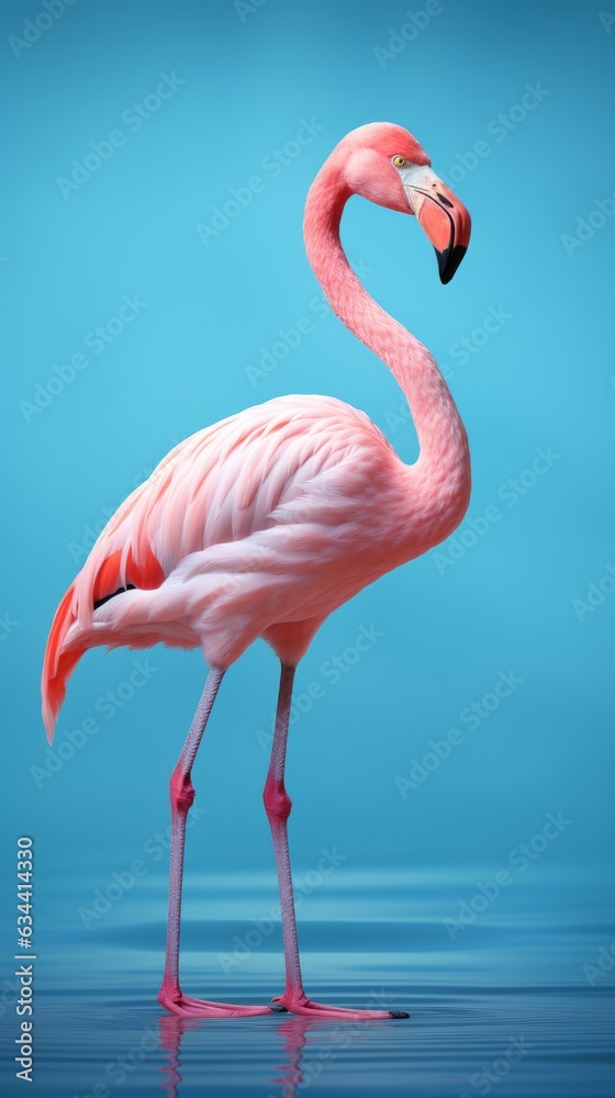 Fototapeta premium Photo of a vibrant pink flamingo standing gracefully on a vibrant blue surface created with Generative AI technology