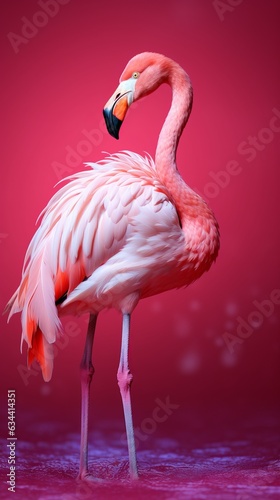 Photo of a graceful pink flamingo standing on one leg on a pink background - created with Generative AI technology