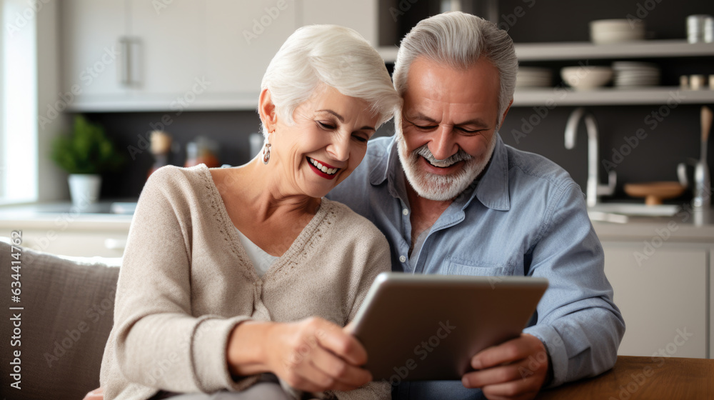 Senior couple with tablet relaxing at home. Created with Generative AI technology. Senior couple with tablet relaxing at home. Created with Generative AI technology.