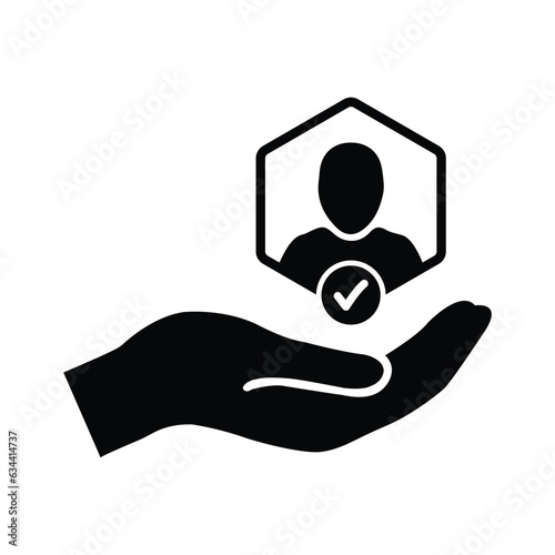 Customer icon with check sign. Audience icon. Approved assistance icon. Customer icon and accept, approved, confirm, done, tick, completed symbol. Audience, accept, agree, apply, approved, assistance,