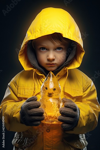 Boy with Icicle inVibrant Yellow Jacket on Black Background photo