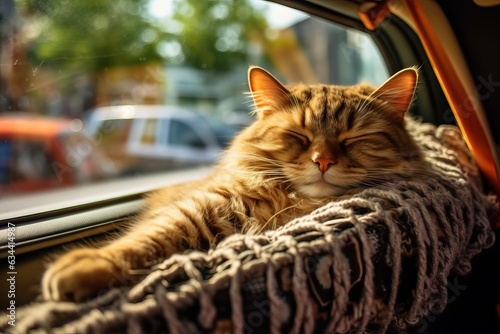 Red Cat Sleeping in Car during Travel