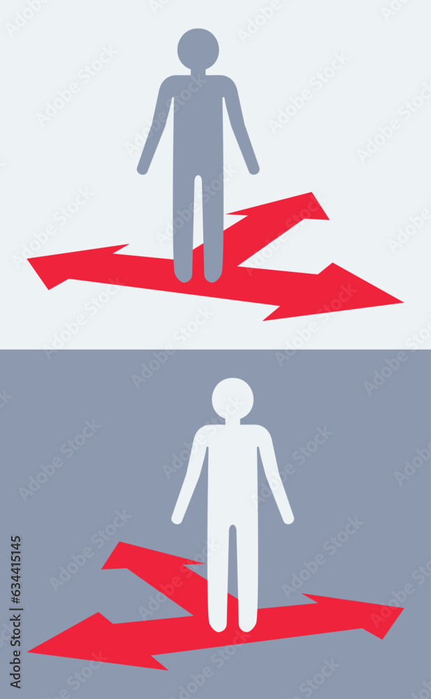 Three-way arrow icon. A man stands on Arrows pointing in different directions. Choice, option, opportunity, split, road, choose, business success concept. Goal setting, choosing alternative path. Three-way arrow icon. A man stands on Arrows pointing in different directions. Choice, option, opportunity, split, road, choose, business success concept. Goal setting, choosing alternative path.