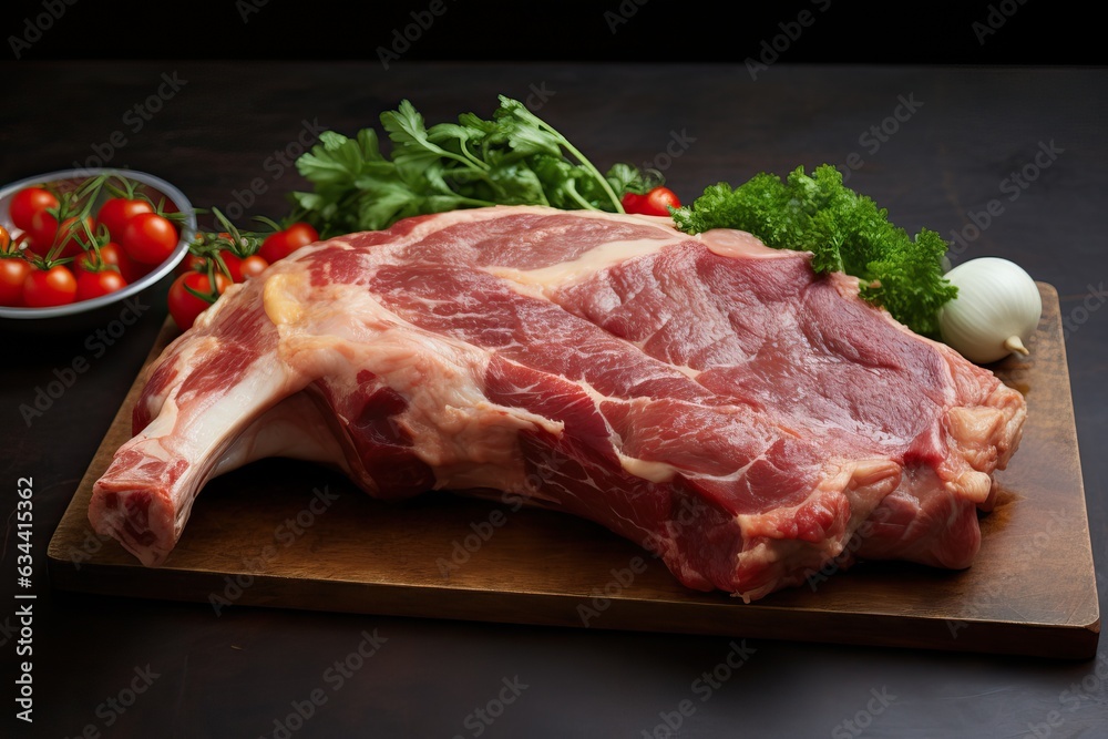 Fototapeta premium Culinary Delight: Raw Pork and Vegetables on Dark Background