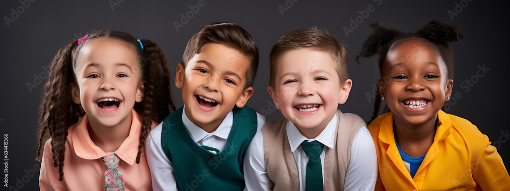 Group of happy school kids smiling on dark background. Created with Generative AI technology.