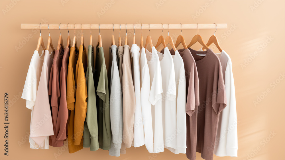 Clothes on hangers in a wardrobe. Pastel color