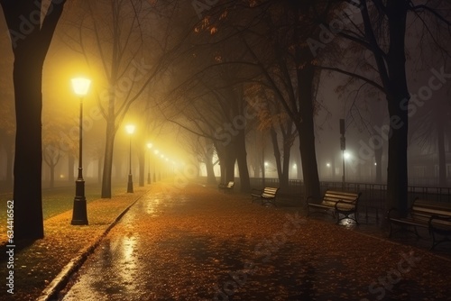 Night alley in autumn city park with benches and light lanterns, wet after rain © DenisNata