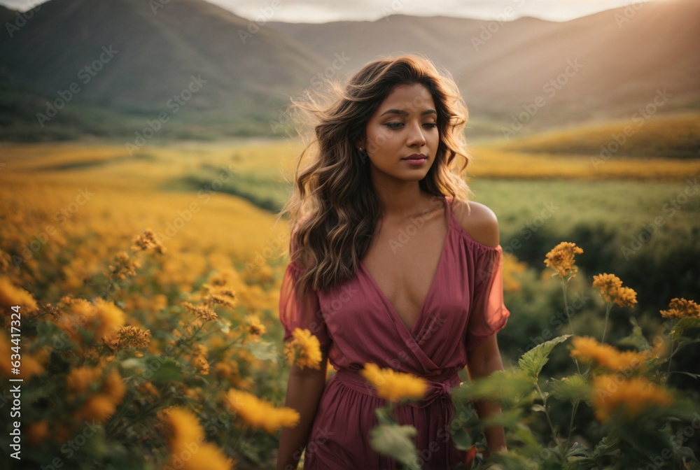Serene woman embraces nature's beauty in AI-generated photos, vivid landscapes enhanced with vibrant colors and exquisite detail.