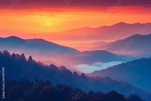 Colored landscape of in forested mountains and mist during autumn
