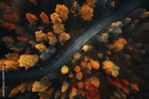 autumn scene view from above of a road in the forrest