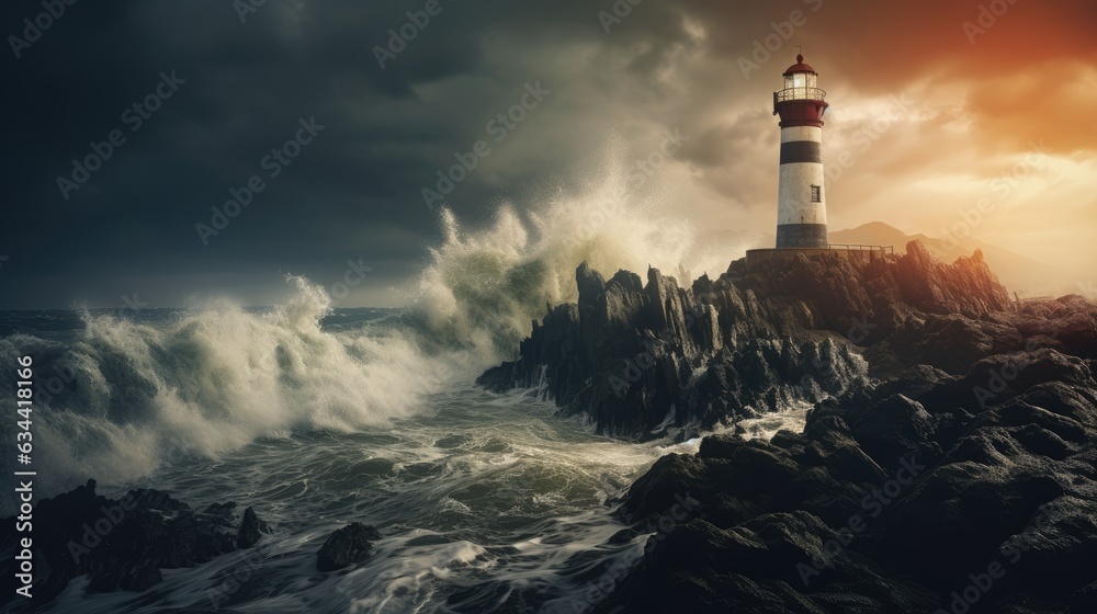 A dramatic seascape featuring a rugged coastline battered by powerful waves.