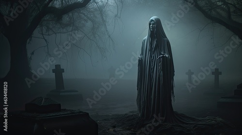 A chillingly realistic portrayal of a spectral apparition, with a translucent and ethereal figure standing among ancient tombstones in a mist-covered graveyard.
