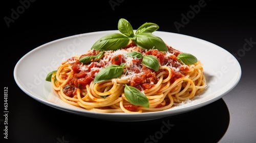 A classic Italian pasta dish featuring al dente spaghetti tossed in a rich tomato sauce, garnished with fresh basil leaves and a sprinkle of grated Parmesan cheese.