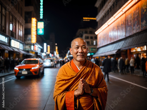 Digital portrait of a Tibetan monk prays and meditation with a cheerful smile on the night street of a big city