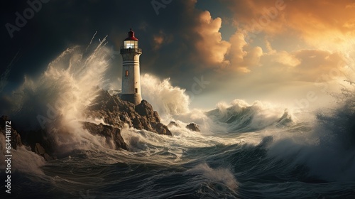 A dramatic seascape featuring a rugged coastline battered by powerful waves.
