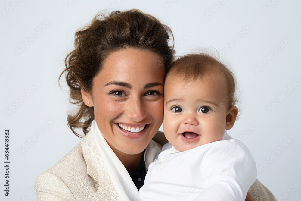 A business woman's face lights up with a warm smile and looking affectionately at her child. They share a joyful moment, embodying harmony of professional success and matural love. A business woman's face lights up with a warm smile and looking affectionately at her child. They share a joyful moment, embodying harmony of professional success and matural love.