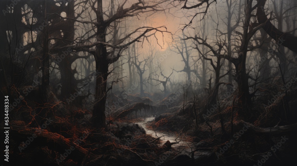 An unsettling and photorealistic scene of a dense, dark forest at dusk, where gnarled trees and tangled branches.