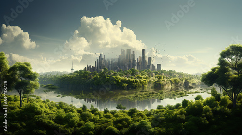 An illustration depicting the impact of CO2 emissions on nature, with a factory chimney releasing smoke that blends into the lush green forest.