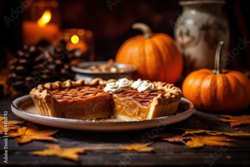 Thanksgiving pumpkin pie revealing a rich golden spiced filling is elegantly served on a rustic wooden table 