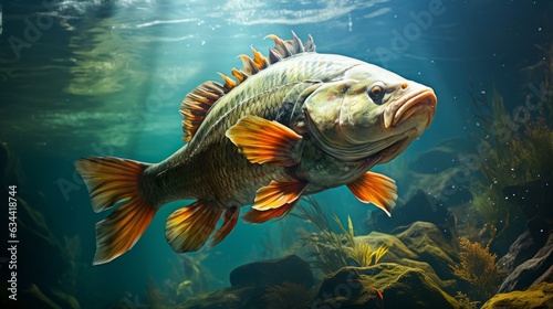Fishing. Close-up of a fish underwater. Generative AI