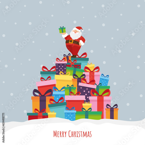 Merry Christmas - Geschenkkarte, Weihnachtsmann steht auf bunten Geschenken, Vektor