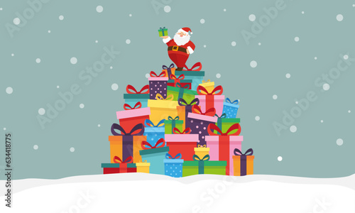 Geschenkkarte, Weihnachtsmann steht auf bunten Geschenken, Vektor