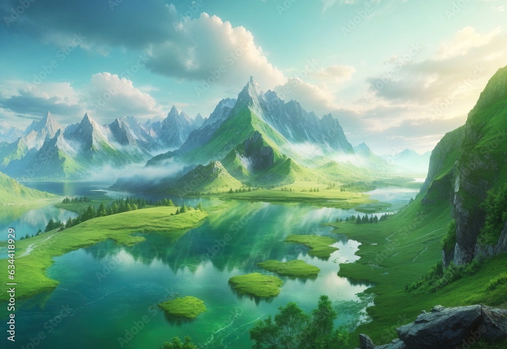 Beautiful fantasy landscape greeney mountain and lake