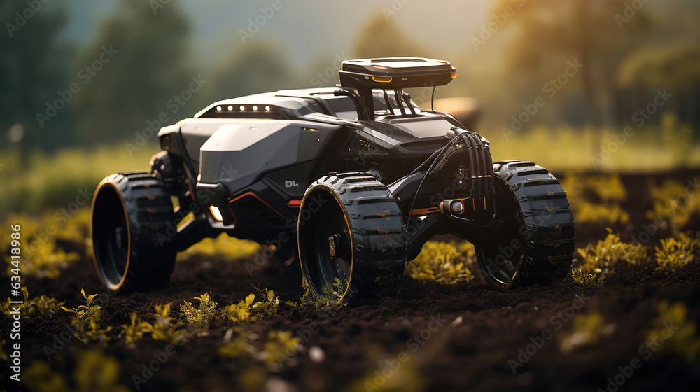 An autonomous tractor equipped with advanced agricultural robotics plows a field, using digital farming techniques like remote sensing and precision spraying. Digitally driven Aptech An autonomous tractor equipped with advanced agricultural robotics plows a field, using digital farming techniques like remote sensing and precision spraying. Digitally driven Aptech