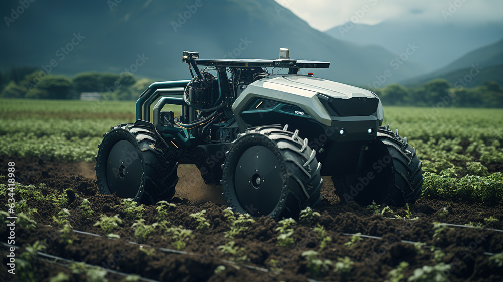 An autonomous tractor equipped with advanced agricultural robotics plows a field, using digital farming techniques like remote sensing and precision spraying. Digitally driven Aptech An autonomous tractor equipped with advanced agricultural robotics plows a field, using digital farming techniques like remote sensing and precision spraying. Digitally driven Aptech