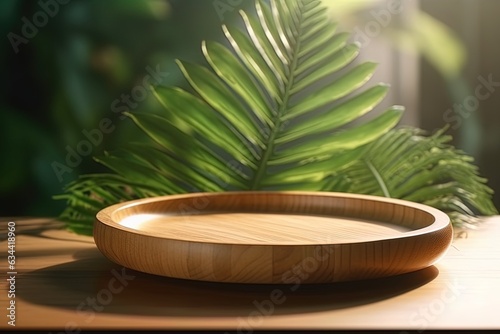 Top view minimal round wooden tray plate on wood plank, stand, in sunlight against the background of a fern for advertising goods for beauty, fashion, cosmetic product. Generative AI