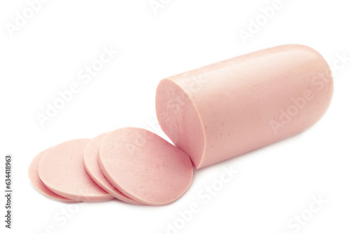 Sliced boiled pork sausage isolated on white background.