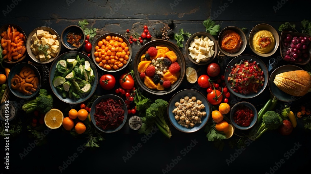 Top view over food banquet bright background Top view over food banquet bright background