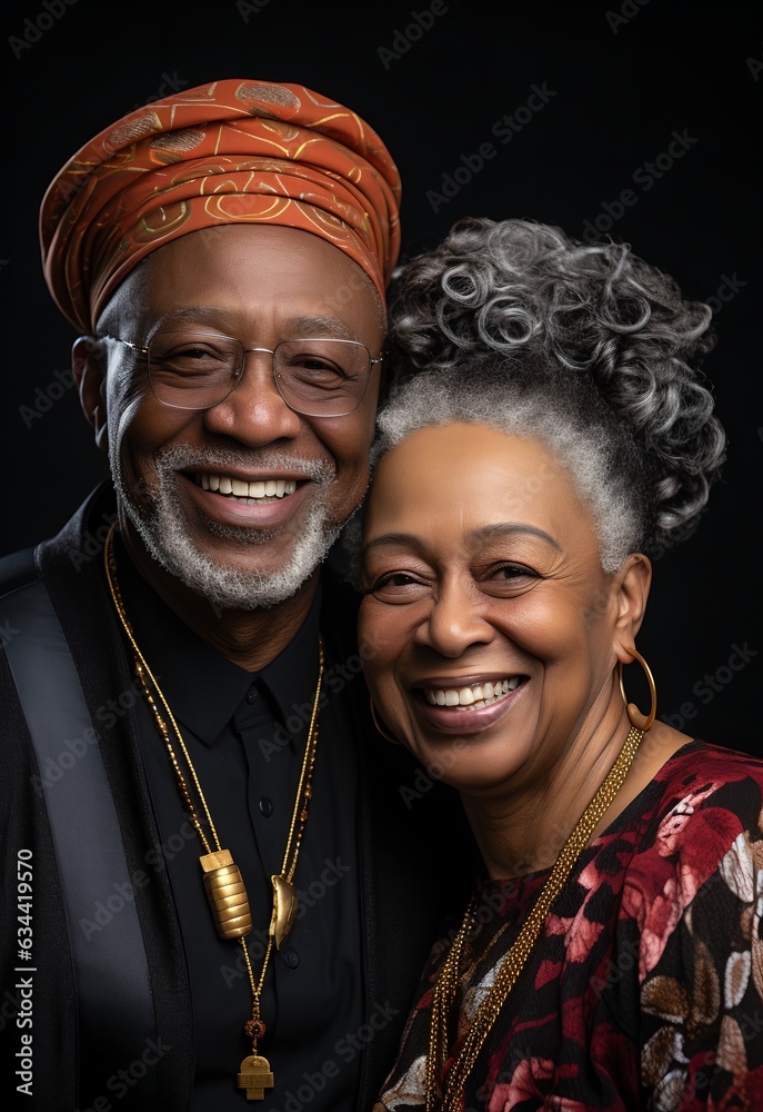 Happy black elderly couple, generative ai