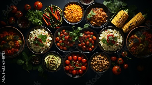 Top view over food banquet bright background