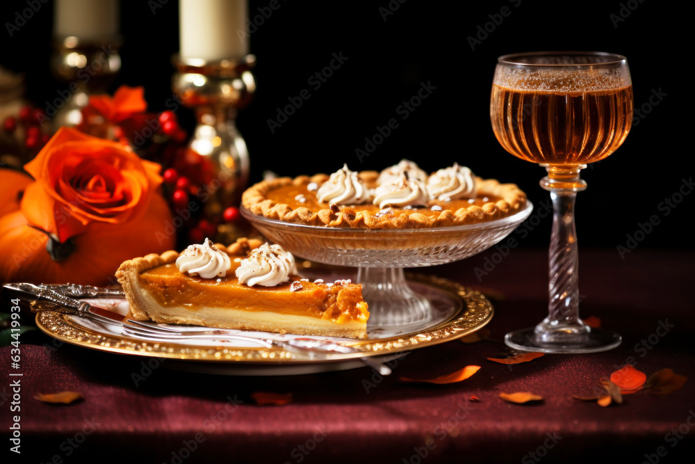 Half cut pumpkin pie revealing a rich golden spiced filling is elegantly served on a rustic wooden table 