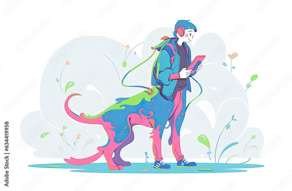 Cute happy young person with their dog expressive vector illustration made with Generative AI 
