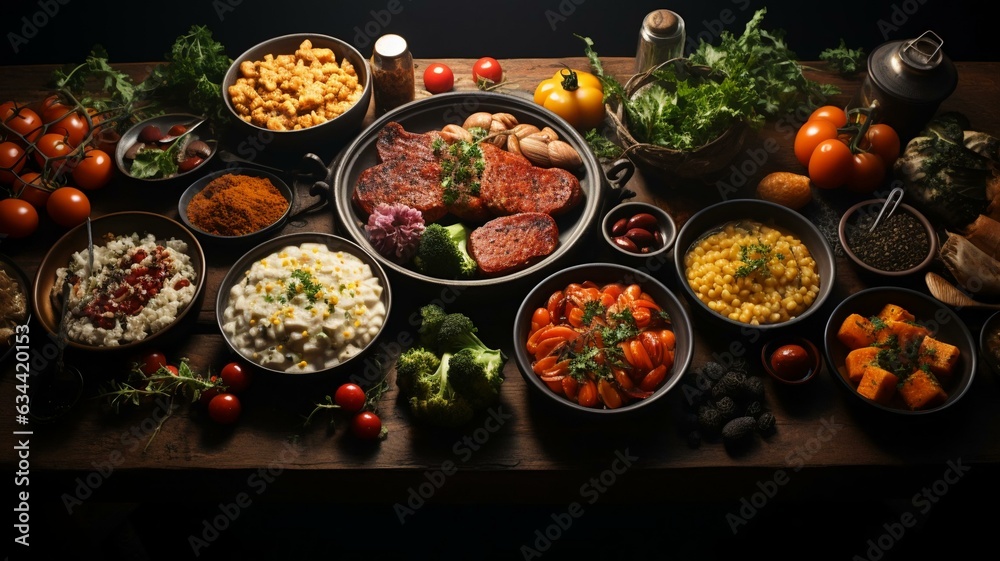 Top view over food banquet bright background