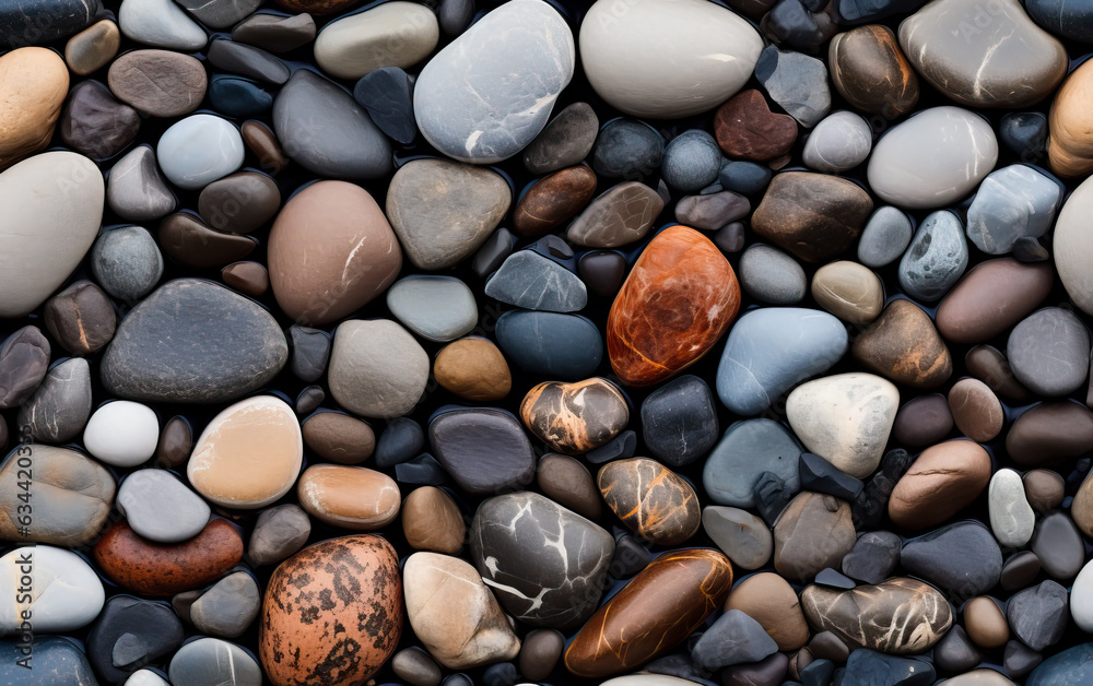 River rocks or stones in a seamless tiled pattern. Naturally polished and rounded river pebbles repeating background. River rocks or stones in a seamless tiled pattern. Naturally polished and rounded river pebbles repeating background.