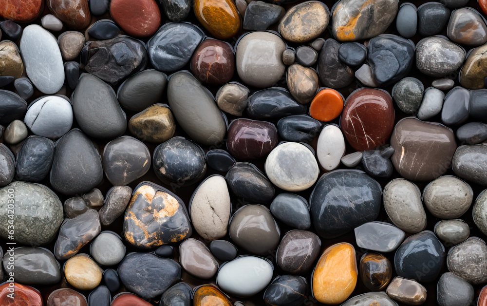 River rocks or stones in a seamless tiled pattern. Naturally polished and rounded river pebbles repeating background. River rocks or stones in a seamless tiled pattern. Naturally polished and rounded river pebbles repeating background.