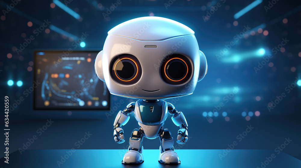 A white AI robot assistant mascot working in front of blank computer screen. White office in the background. Computer screen mockup with blank empty space. A white AI robot assistant mascot working in front of blank computer screen. White office in the background. Computer screen mockup with blank empty space.