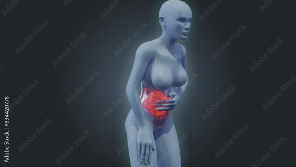 Stomach pain 3D render visualization of semitransparent woman body gestures and pain spot Stomach pain 3D render visualization of semitransparent woman body gestures and pain spot