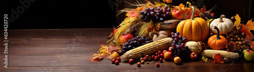 Thanksgiving day fall still life with pumpkins, corns and grapes with copy space