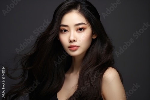 Beautiful asian woman with long straight hair on black background Generative AI.