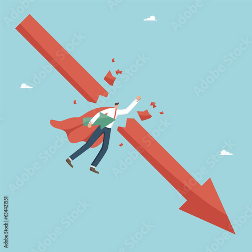 Ways to overcome difficulties, counteracting the economic crisis, strategies for maintaining business profitability in a market downturn, exiting bankruptcy, man flies and breaks arrow falling down.