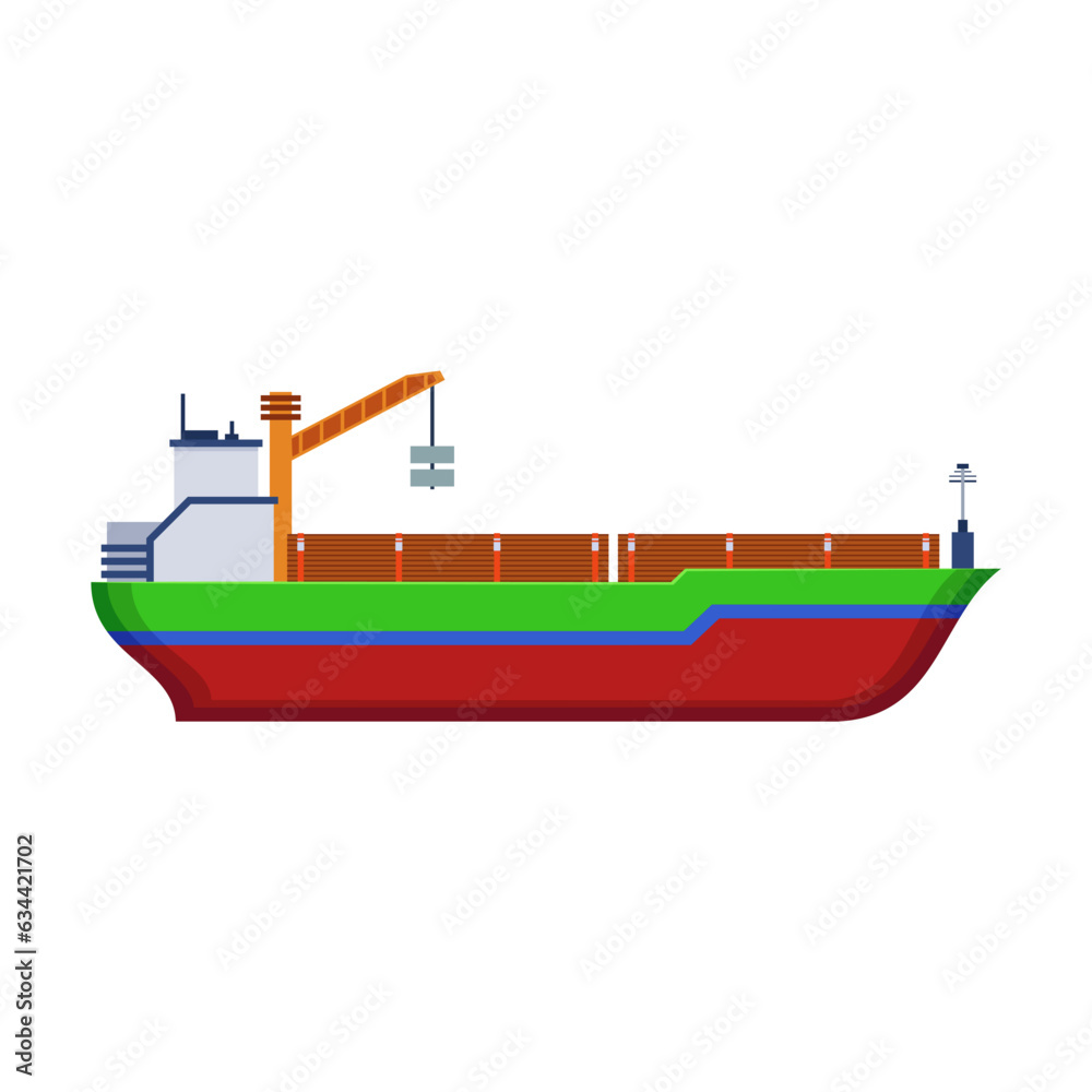 Ferry boat on white background. Side view of bulker or barge cartoon illustration. Cargo, shipping concept Ferry boat on white background. Side view of bulker or barge cartoon illustration. Cargo, shipping concept