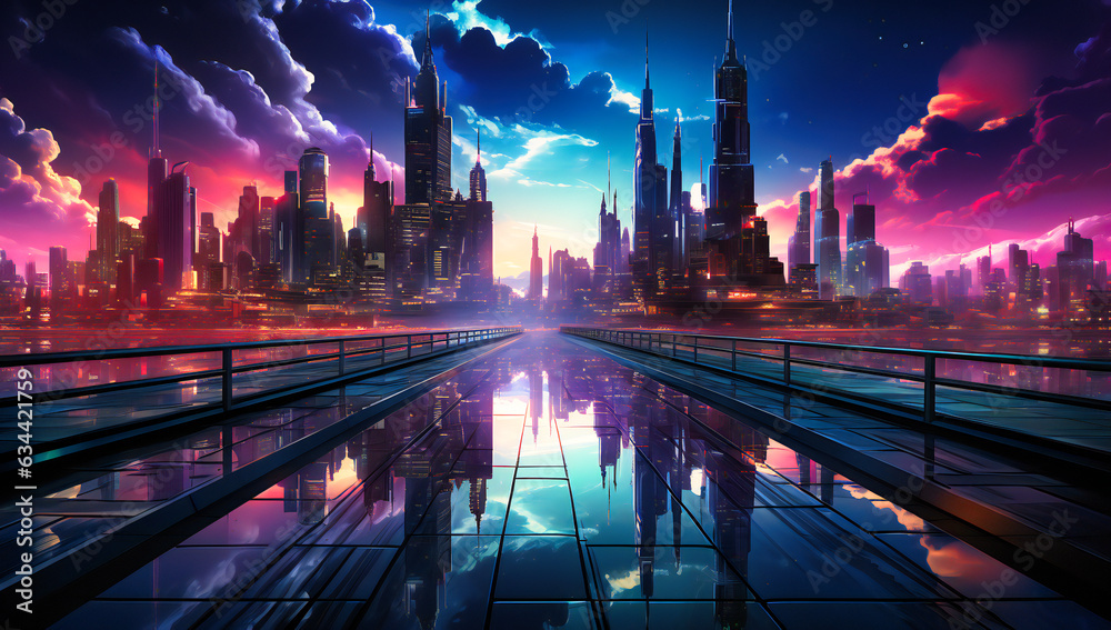 Obraz premium the city lights are lit up in an empty hallway