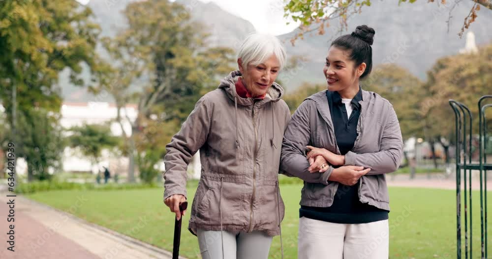 Senior woman, cane and park with nurse talking with healthcare for elderly exercise. Walking, helping professional and person with rehabilitation and physical therapy in a garden with caregiver